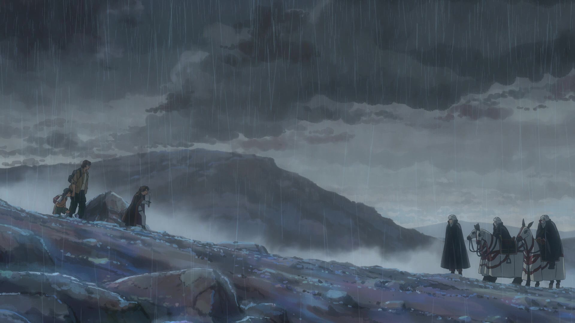Asuna, Ryūji et Shin rencontrent des gens sous la pluie